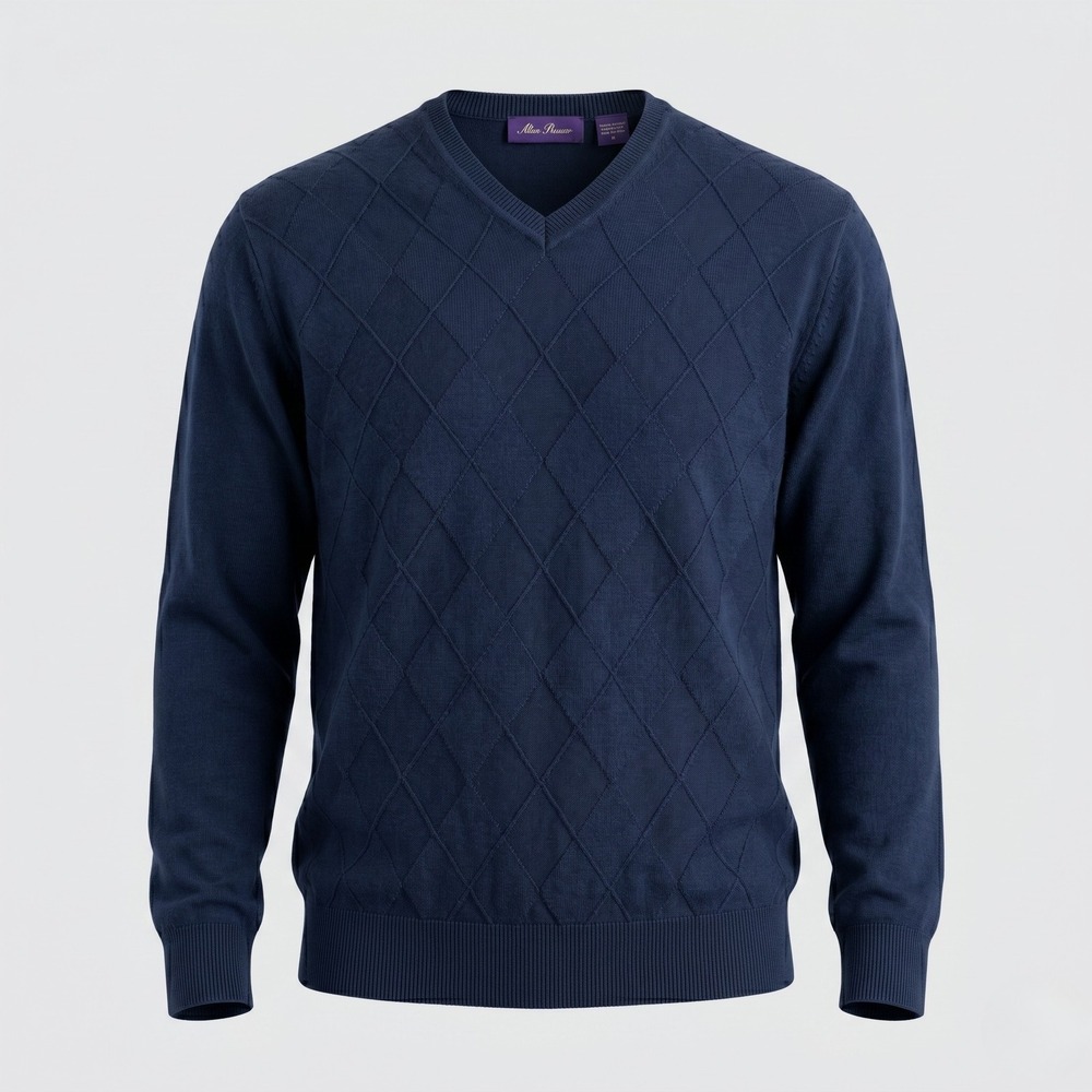 Alan Flusser Men L Navy Blue Sweater DS724515AF V-Neck Diamond Textured Cotton